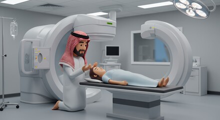 Compassionate doctor comforts a young patient undergoing a medical scan, offering a moment of peace and care in a modern hospital setting.