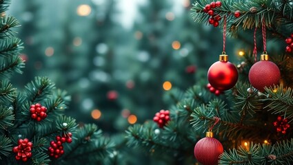 copy space for text background Christmas Green Pine Forest with Red Ornaments concept