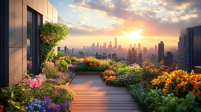 Wooden rooftop deck showcases colorful flower gardens overlooking a city skyline at sunrise