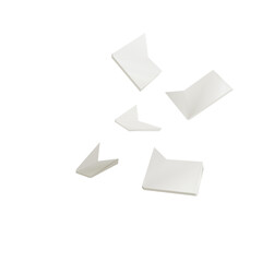 3D illustration of several broken white ceramic plate pieces isolated on white background, symbolizing fragility, damage, and domestic accident.