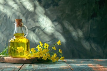 Clear Pixel Image of Rapeseed Flowers and Rapeseed Oil in a Bottle on the Table
