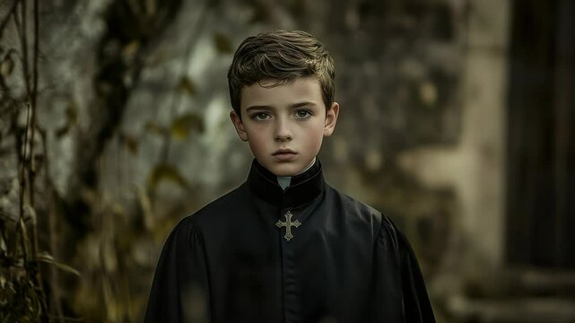 A young boy wearing a priest 's robes