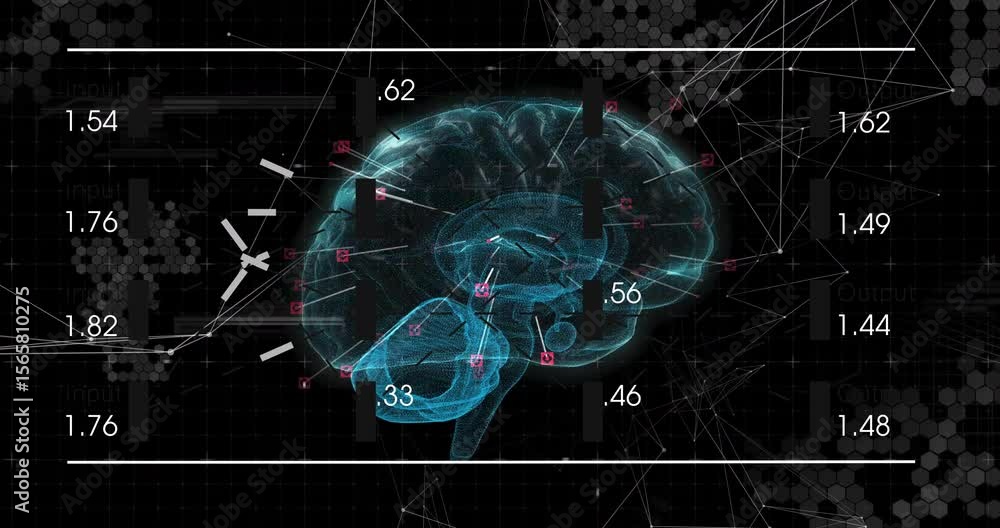 Poster on interface load glowing 3d brain model rotating showing neural activity metrics for visualization