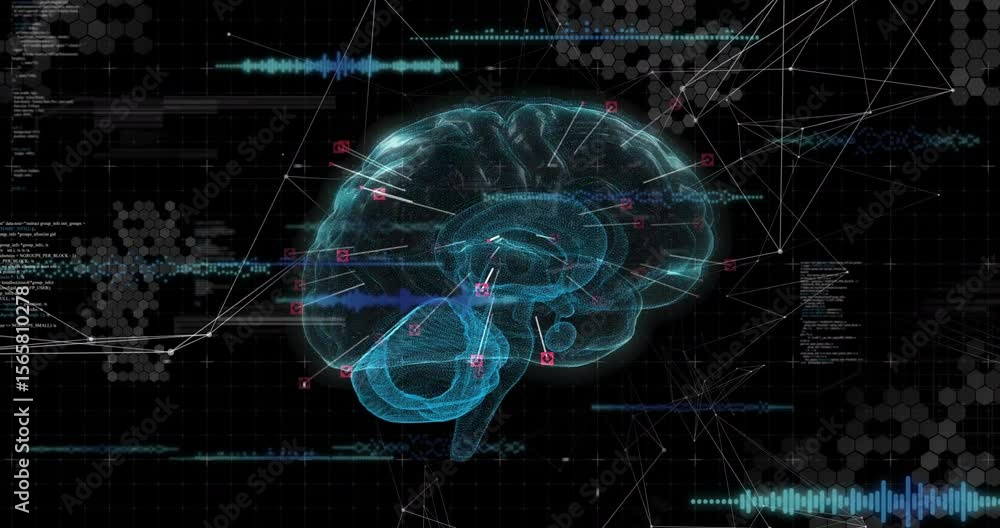 Poster cyan 3d brain hologram appearing on interface, nodes marking, glitching, rotating for data analysis