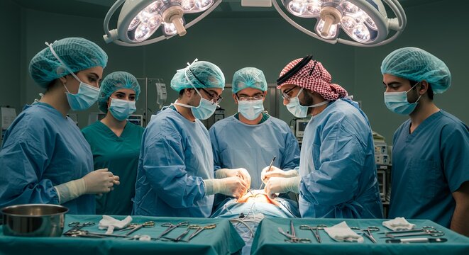 Concentrated surgical team performs a delicate operation under bright surgical lights in a modern operating room.