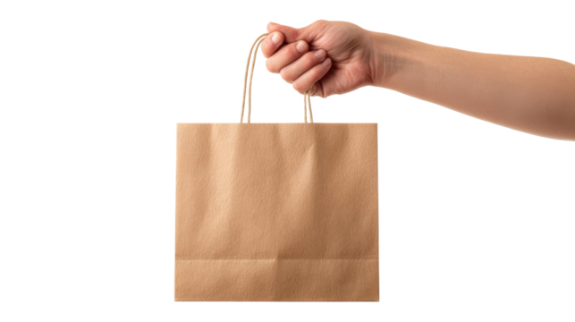 A hand holding a brown paper bag