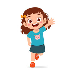 Happy little girl waving hand wearing blue shirt and orange bow on a white background