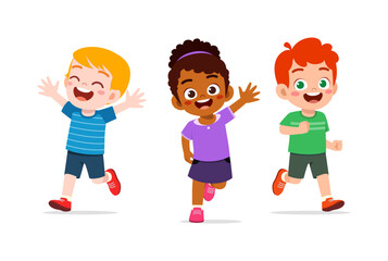 Happy Smiling Children Running Together, Caucasian, and African Ethnicity Joyful in Illustration