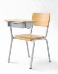Traditional wooden school desk with an attached chair, featuring a small drawer, representing an organized and ready-to-learn space.