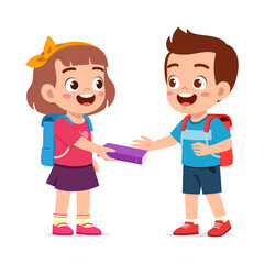 Smiling School Children Exchanging a Book Illustration of Boy and Girl With Backpacks
