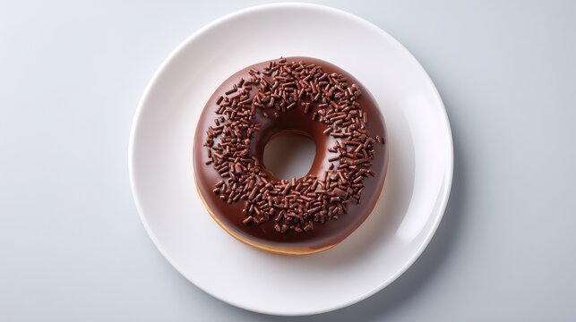 Delicious chocolate donut topped with colorful sprinkles on a white plate, perfect for a sweet treat, dessert, or bakery theme for food photography