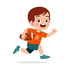 Excited Caucasian boy running with football, showing determination and having fun cartoon illustration