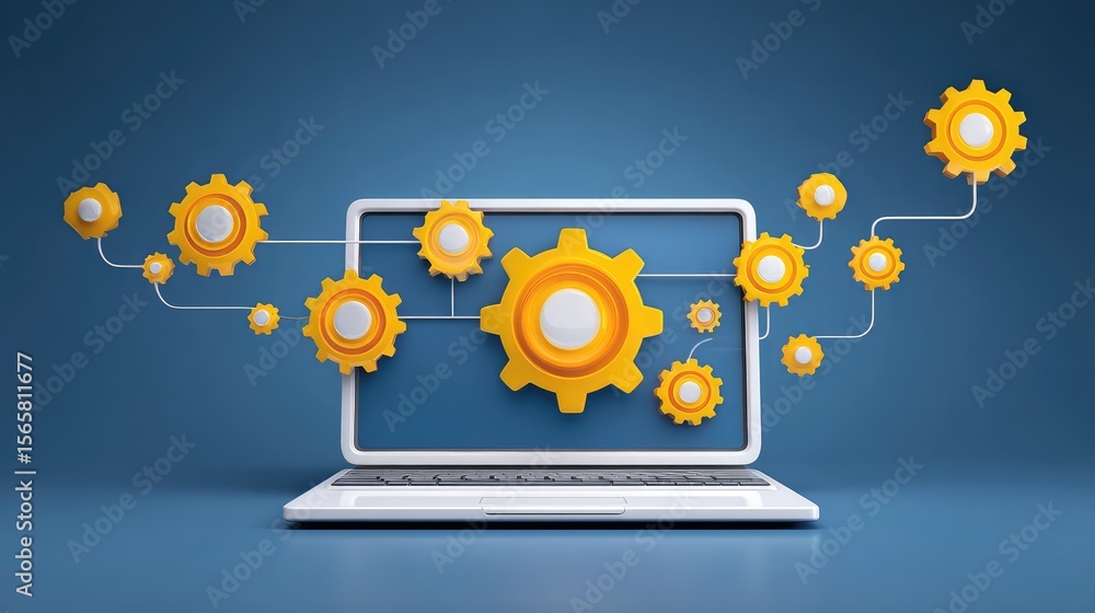 Aufkleber creative depiction of a laptop with dynamic yellow cogs and gears representing technology, innovatio