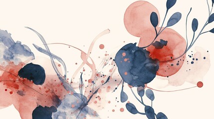 Abstract watercolor background, red and blue shapes, pastel pink and white tones, minimalist design, hand drawn digital art with pastel color palette, high resolution, no text or objects.