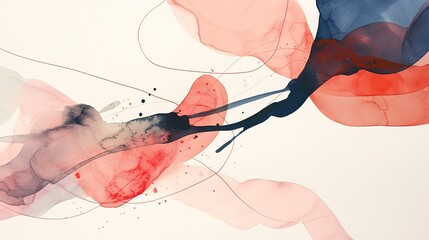 Abstract watercolor background, red and blue shapes, pastel pink and white tones, minimalist design, hand drawn digital art with pastel color palette, high resolution, no text or objects.