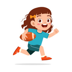 Happy Caucasian Girl Running with Football in Cartoon Illustration with Playful Expression