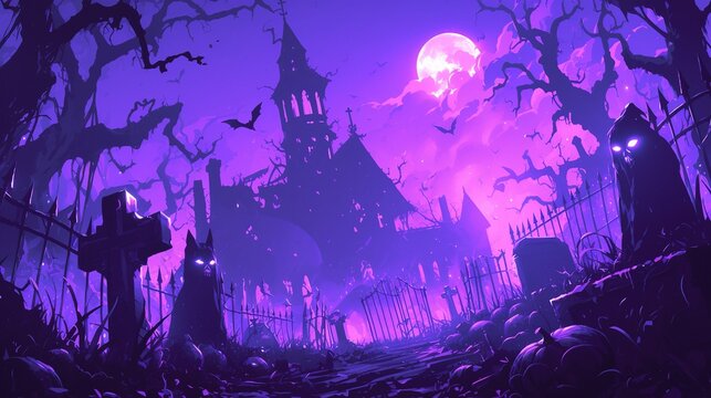The spooky Halloween night, with eerie purple, black and orange as the background, presents haunted house silhouettes, mysterious fog effects and highly detailed supernatural atmosphere.