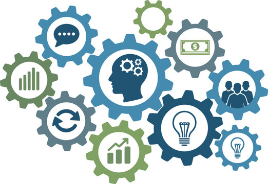 Business strategy gears mechanism teamwork innovation process management solutions thinking idea concept