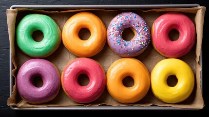 Fototapeta premium Colorful Assortment of Glazed Donuts with Sprinkles on a Dark Background in a Cardboard Tray for a Delectable Dessert Experience