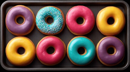 Fototapeta premium Colorful assortment of glazed donuts arranged neatly on a baking tray, showcasing vibrant icing in purple, blue, pink, and yellow hues with playful sprinkles on one donut.