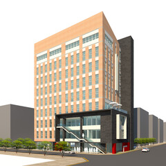 modern office building in moscow, 3D rendering of a modern brick and grinite office building in the city