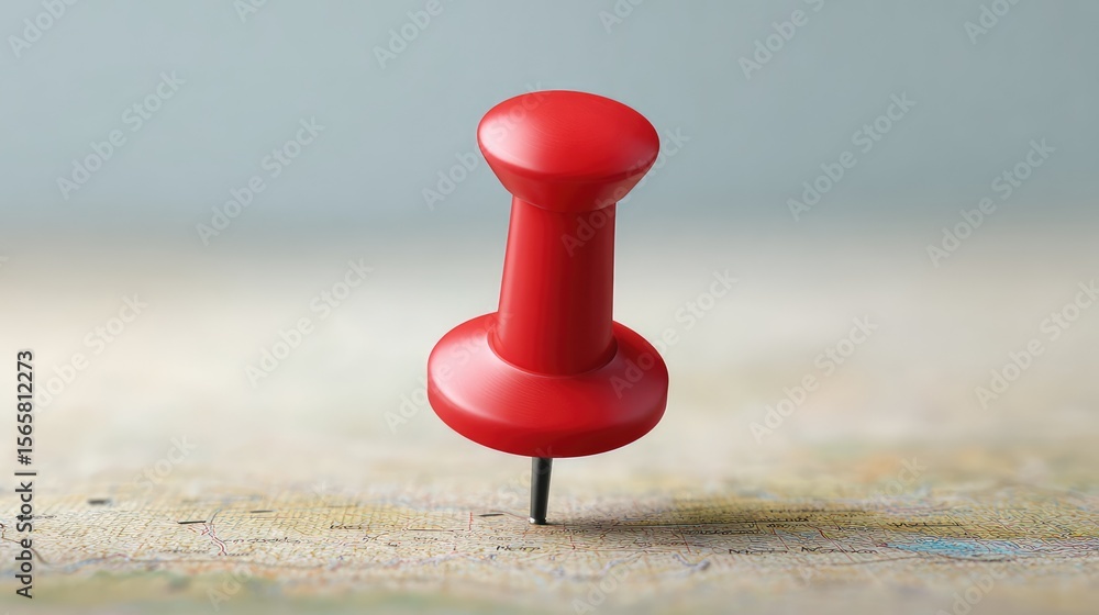 Poster close-up of a red pushpin inserted into a map, symbolizing navigation, location marking, and comment