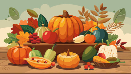 A bountiful autumn harvest illustration featuring various pumpkins, gourds, fruits, and fall leaves arranged on a rustic wooden surface, exuding seasonal abundance.