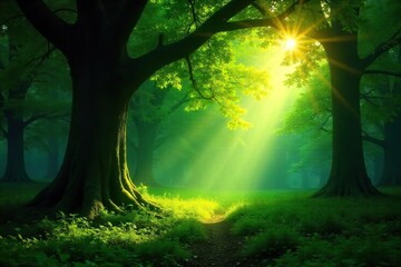 Sunlit Woodland Canopy Peaceful Forest Scene with Dappled Light, Lush Greenery, and Ancient Trees
