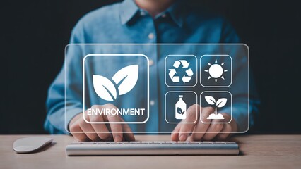 Environment icons on screen showing ecological and sustainable concept
