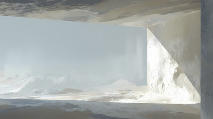 cover for essay on isolation | fog white and beige | architectural slice | air holding recent movement | dust in suspended morning | chalk-veiled ground | careful detachment