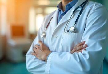 Close-up of a doctor's torso in a white coat with a stethoscope hanging from the pocket, hands folded calmly, no face visible, clean hospital background — realistic medical photo