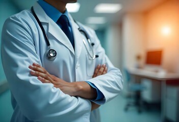 Close-up of a doctor's torso in a white coat with a stethoscope hanging from the pocket, hands folded calmly, no face visible, clean hospital background — realistic medical photo
