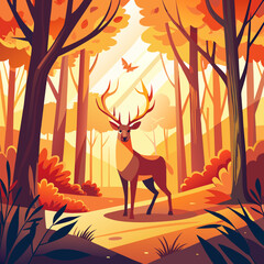 A serene autumn forest scene featuring a majestic deer with large antlers, standing on a sun-dappled path, bathed in warm orange light.