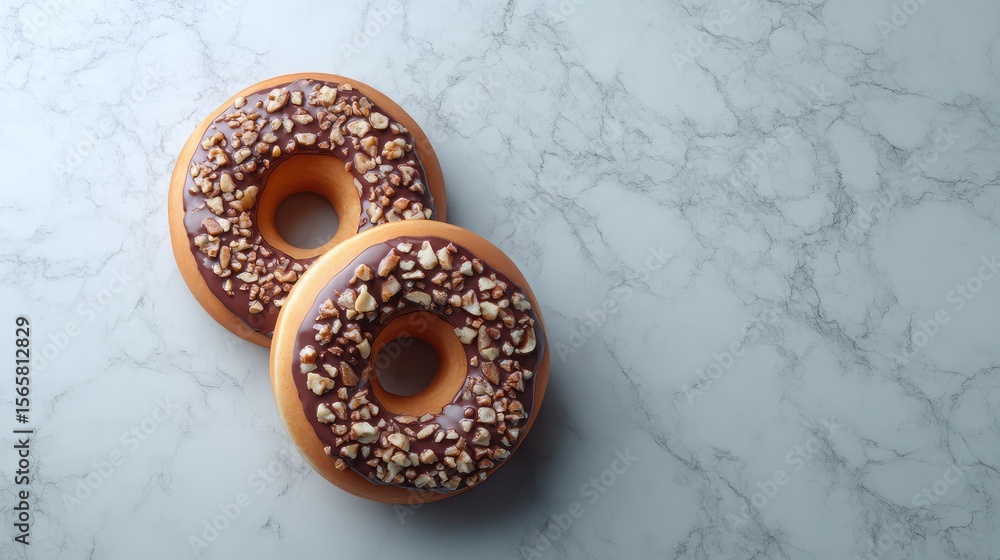 Poster two delicious chocolate-covered donuts with nut toppings on a marble surface, perfect for sweet trea