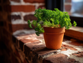 Potted Parsley on a Brick Windowsill in Bright Natural Light
