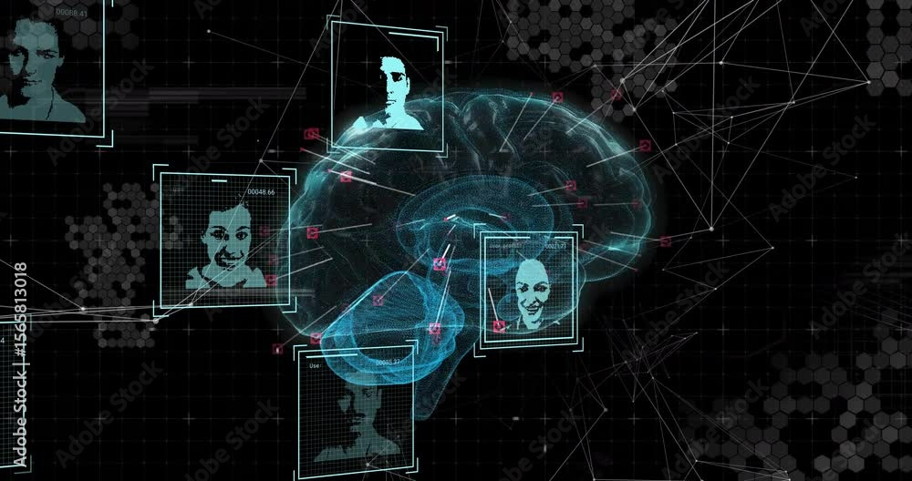 Poster teal brain appearing, profiles emerging, red nodes linking faces, data lines mapping user profiles