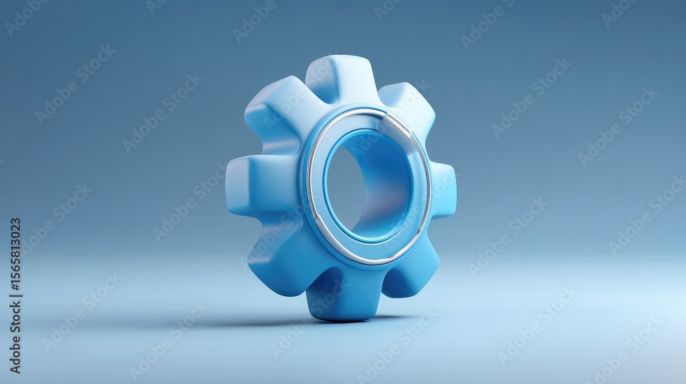 Poster 3d render of a blue gear symbol on a soft gradient background, representing mechanics, engineering, 