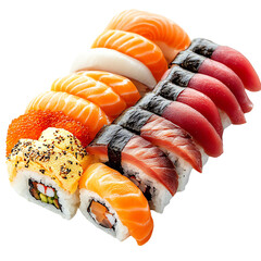 A vibrant assortment of sushi featuring various types of fish and ingredients, perfect for a culinary delight.