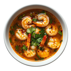 A vibrant bowl of shrimp soup garnished with fresh herbs and spices, perfect for food lovers and culinary enthusiasts.