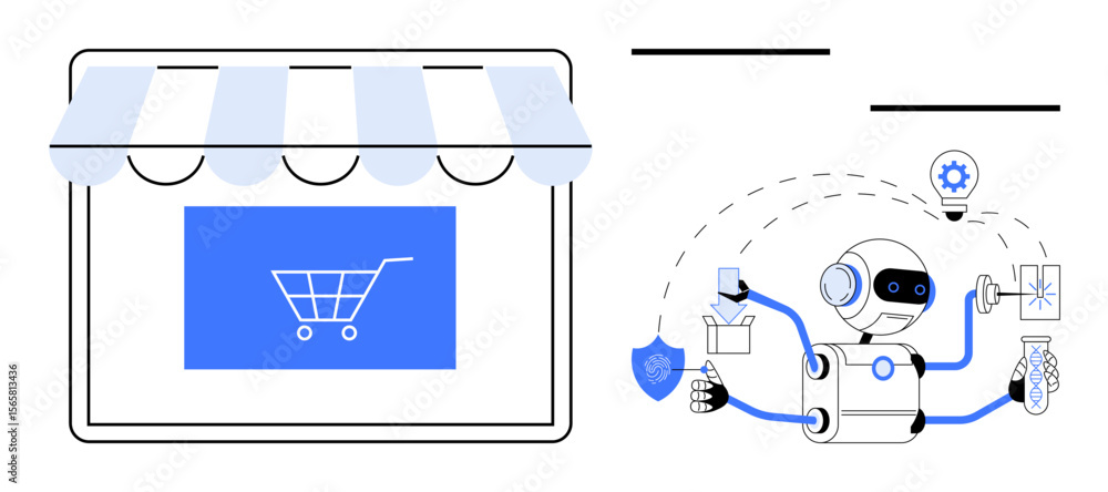 Poster robot managing e-commerce tasks thumbs up order processing and security near online storefront. idea