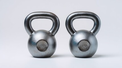 Two metallic kettlebells on a clean light background, ideal for fitness, training, gym, and strength building exercises, promoting healthy lifestyle and workouts