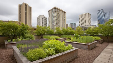Obraz premium Urban Garden on Rooftop with Skyscrapers in Background, Designed for Sustainability and Green Living in City, Allotment Featuring Fresh Vegetables and Herbs