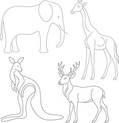 Line Art Black White Flat Illustration of animals, wild animals, elephant, deer, giraffe, Kangaroo