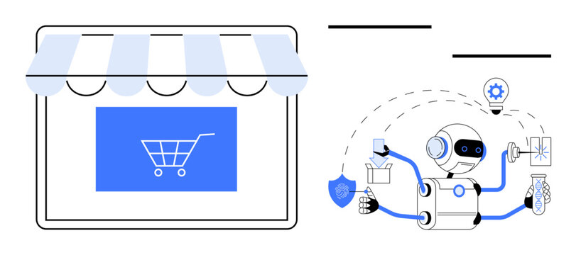Robot managing e-commerce tasks thumbs up order processing and security near online storefront. Ideal for automation, online business, e-commerce, AI tools, logistics, technology, productivity