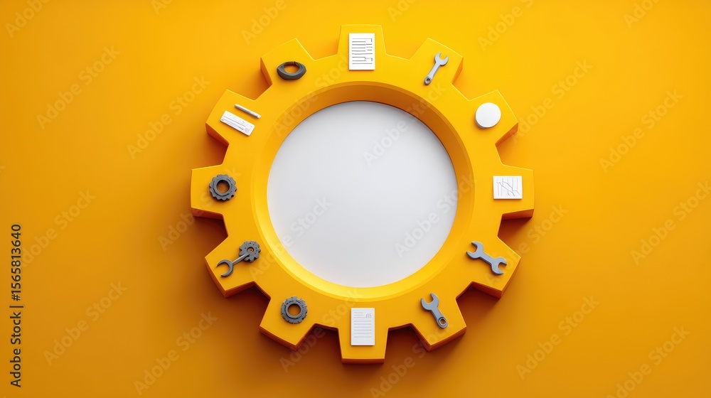 Poster bright yellow circular gear frame with various tools and elements showcasing a creative and innovati