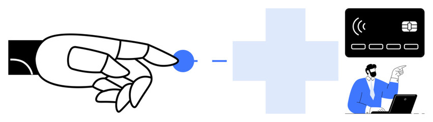 Fototapeta premium Hand touching digital button, healthcare cross, payment card, businessman at laptop. Ideal for technology, healthcare, innovation, digital transformation, contactless solutions online banking