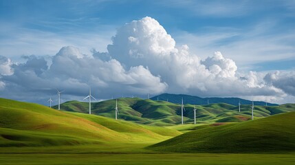 Fototapeta premium Lush green rolling hills under a dramatic sky with white clouds and wind turbines generating renewable energy in a beautiful landscape setting