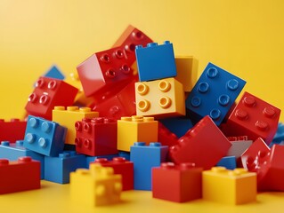 Naklejka premium Colorful Building Blocks: A vibrant collection of colorful plastic building blocks are neatly arranged against a soft, yellow background, beckoning creative potential and playful possibilities.