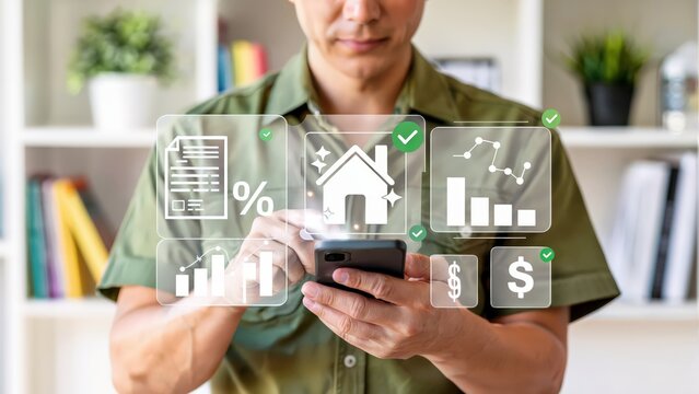 Man uses mobile for home investment, financial management with digital interface