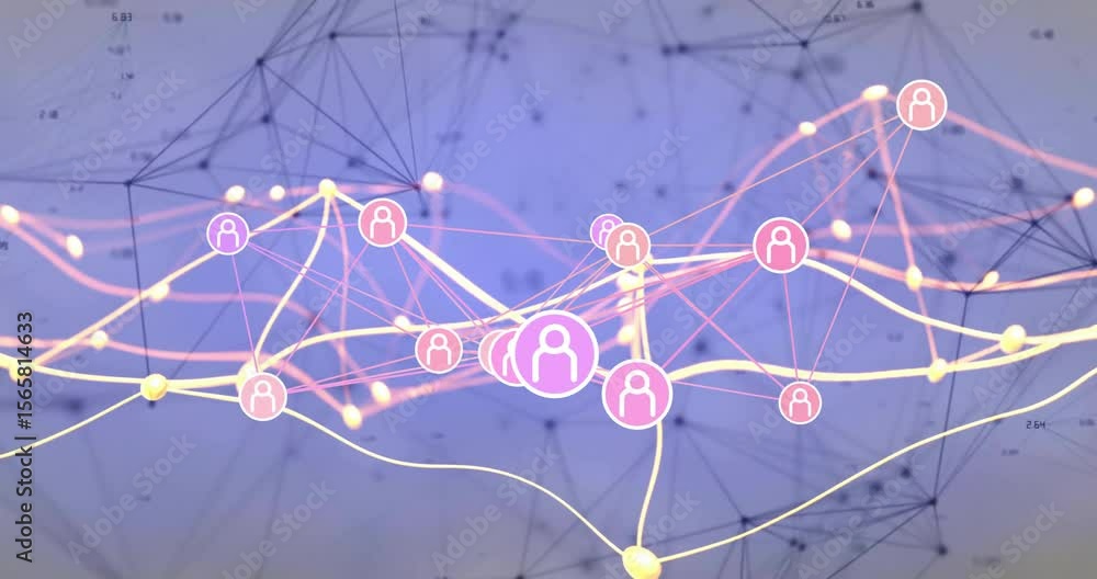 Poster graph opening with central avatar spawning nodes while pulsing data lines showing network growth